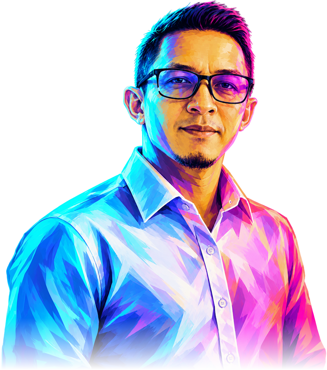 Portrait illustré de Toomb en chemise et lunettes, peint en touches cyan, violet et rose